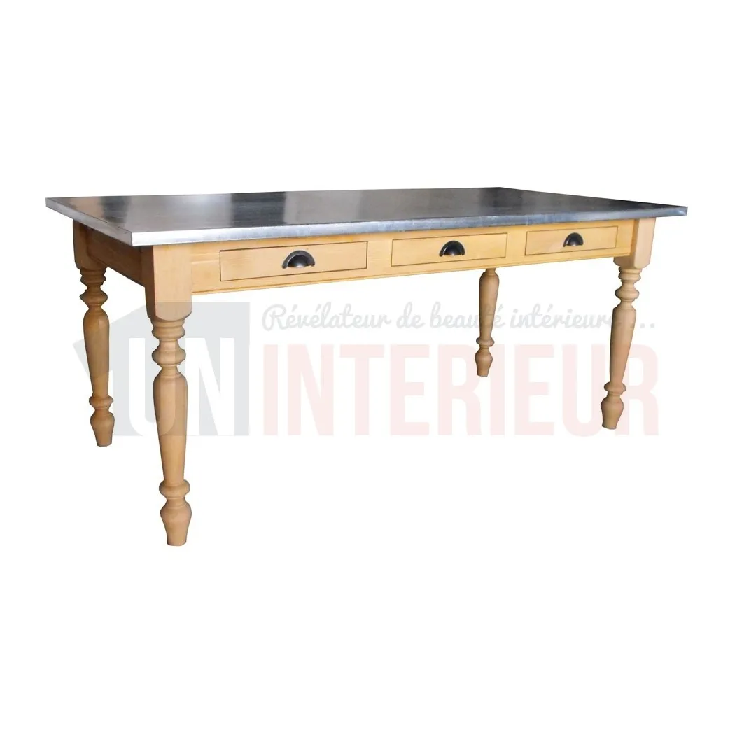 Table sur-mesure en pin massif avec plateau zinc acier 180cm