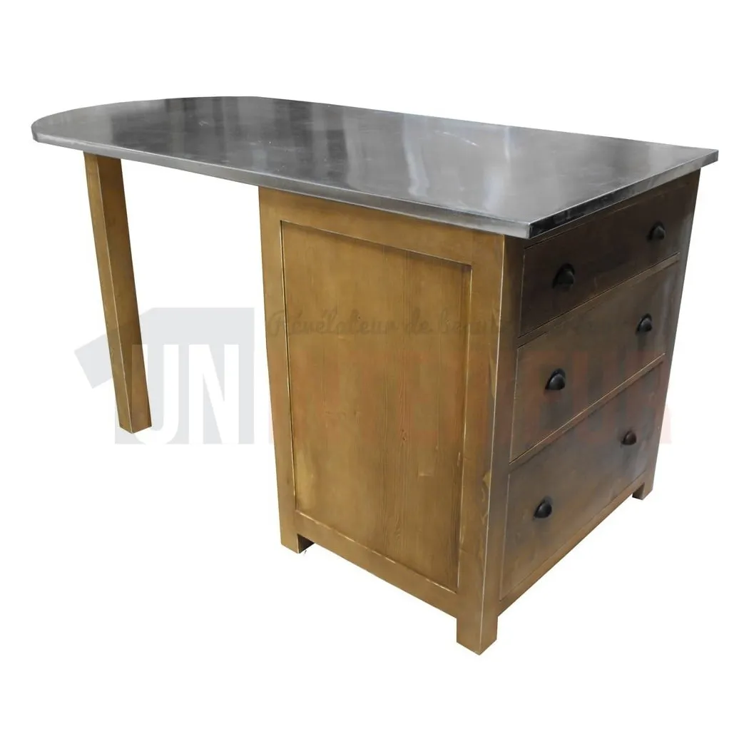 Table pôle central sur-mesure en pin massif plateau zinc