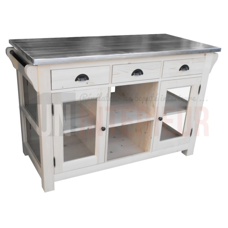 Pôle central de cuisine en pin massif 4 portes vitrées - Nessy